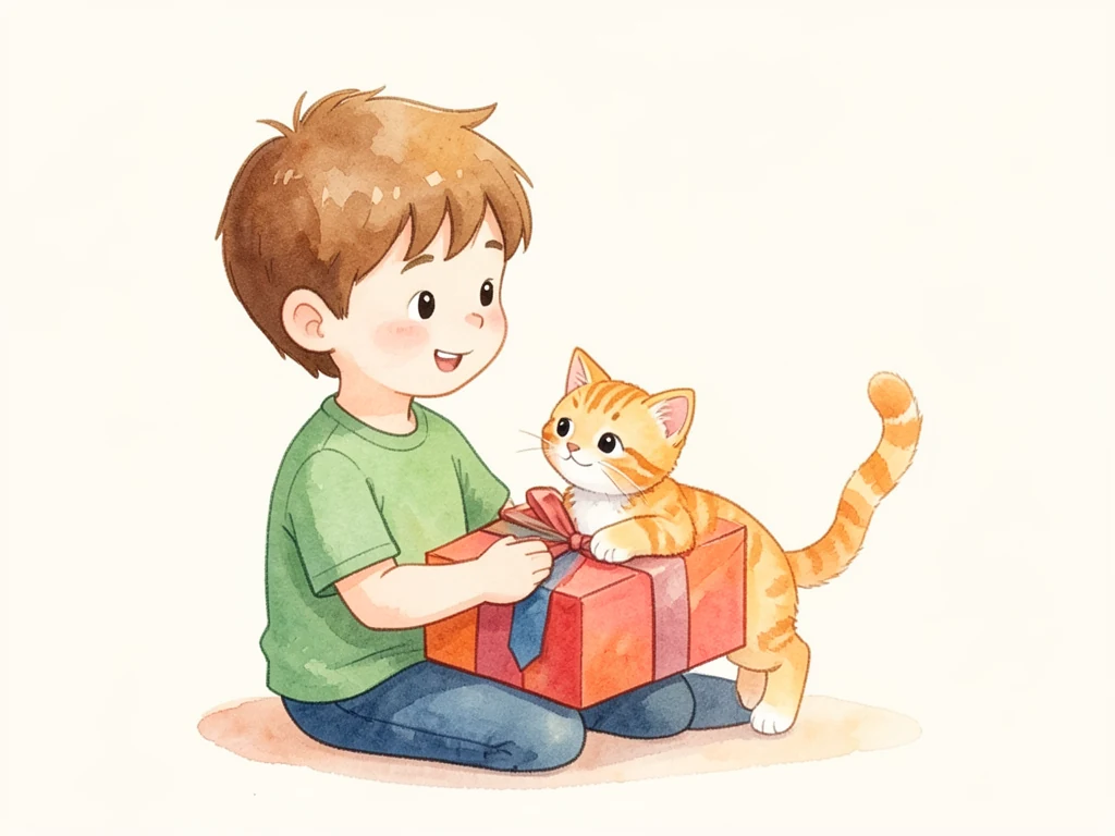 Мальчику подарили котёнка.
