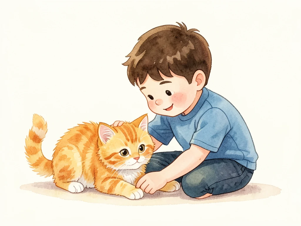 Мальчик гладит котёнка по шёрстке.