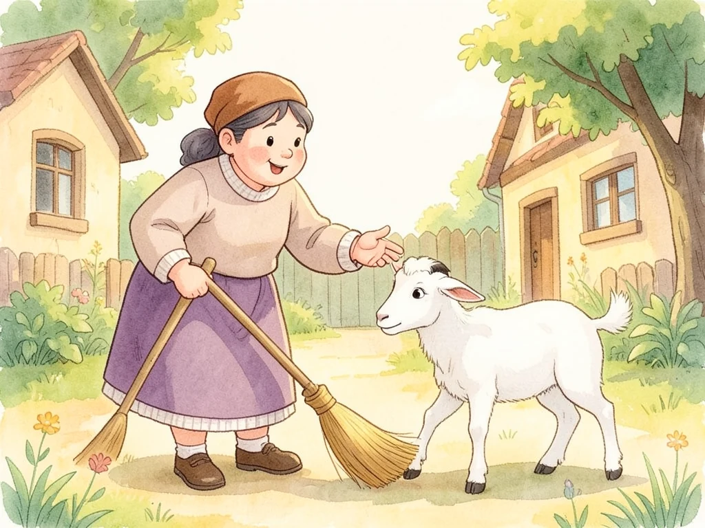 Старуха прогоняет козла из двора.