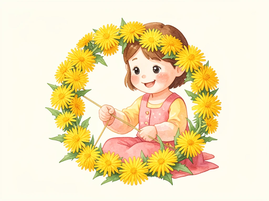 Таня плетёт венок из одуванчиков.